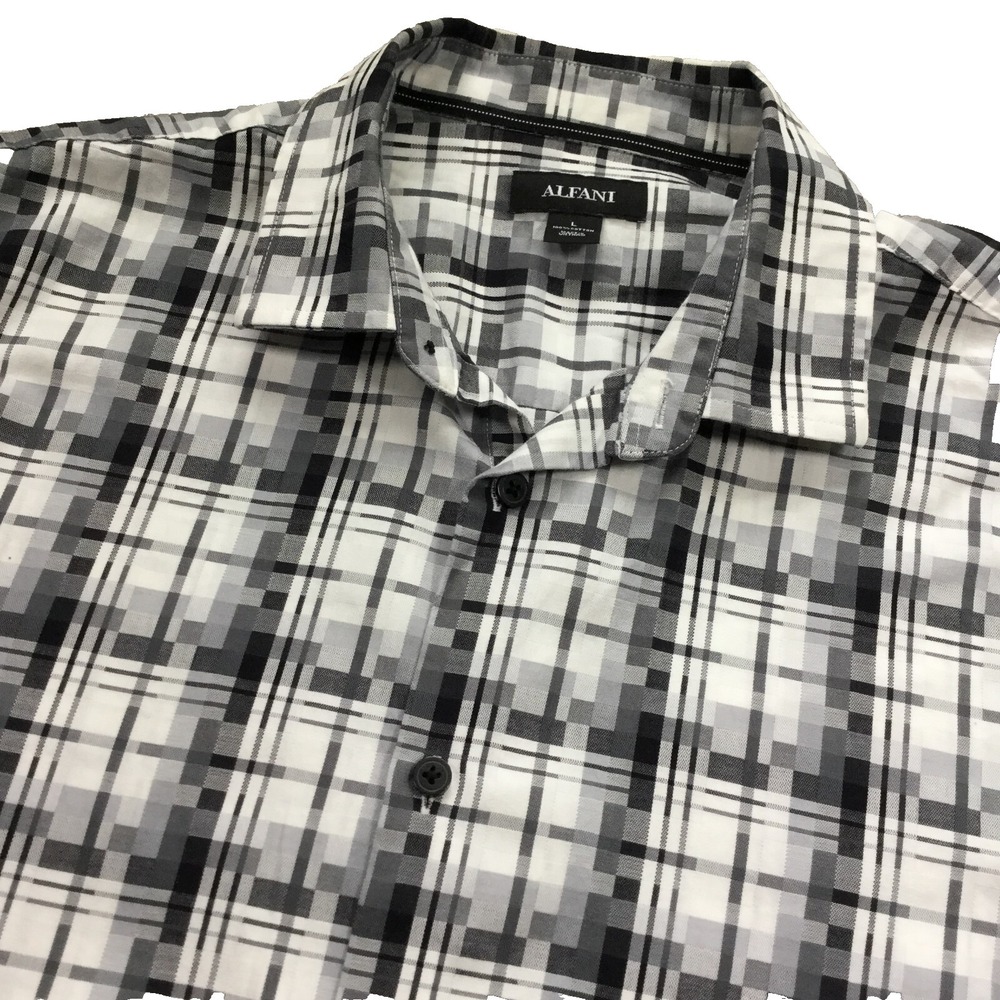 Alfani Shirt Mens Large Black White Plaid Geometric Button Down Short Sleeve